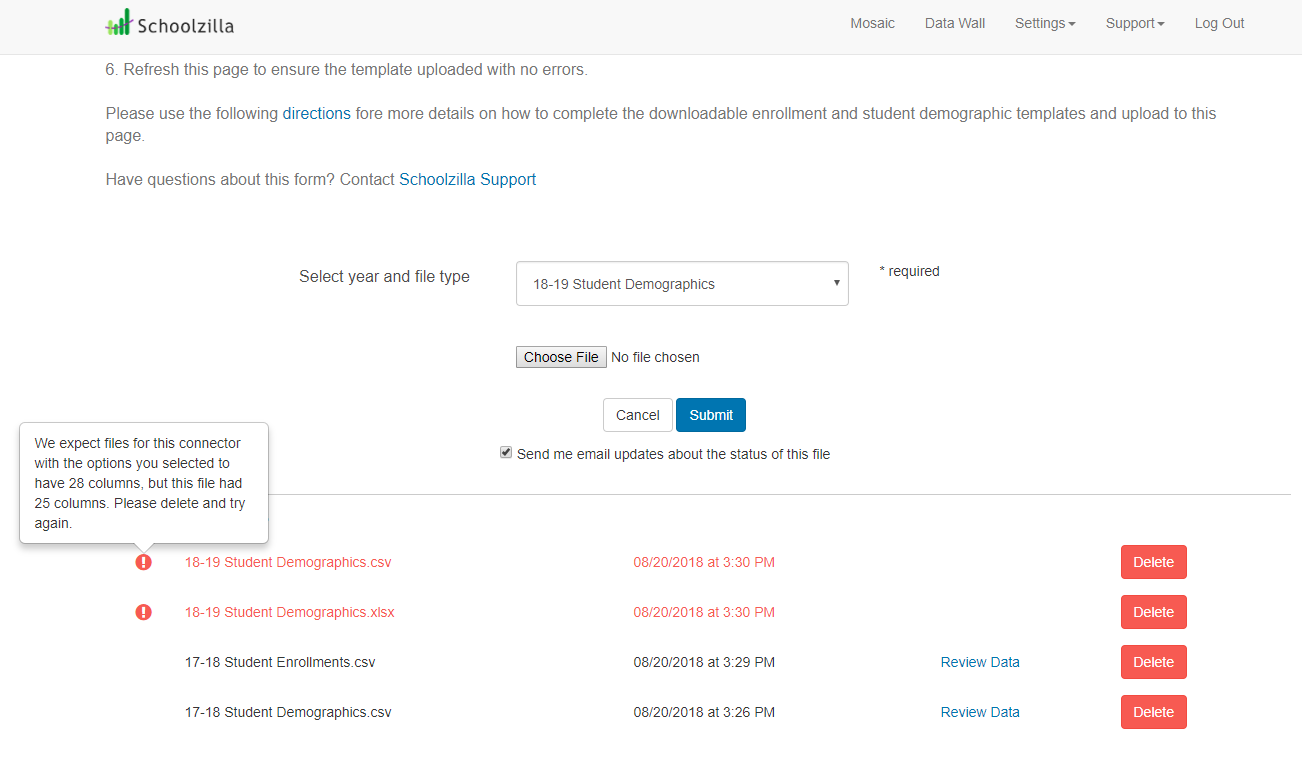 Enrollment template column error