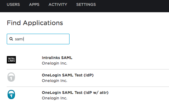 search for SAML and select OneLogin SAML Test (Idp with Attr)