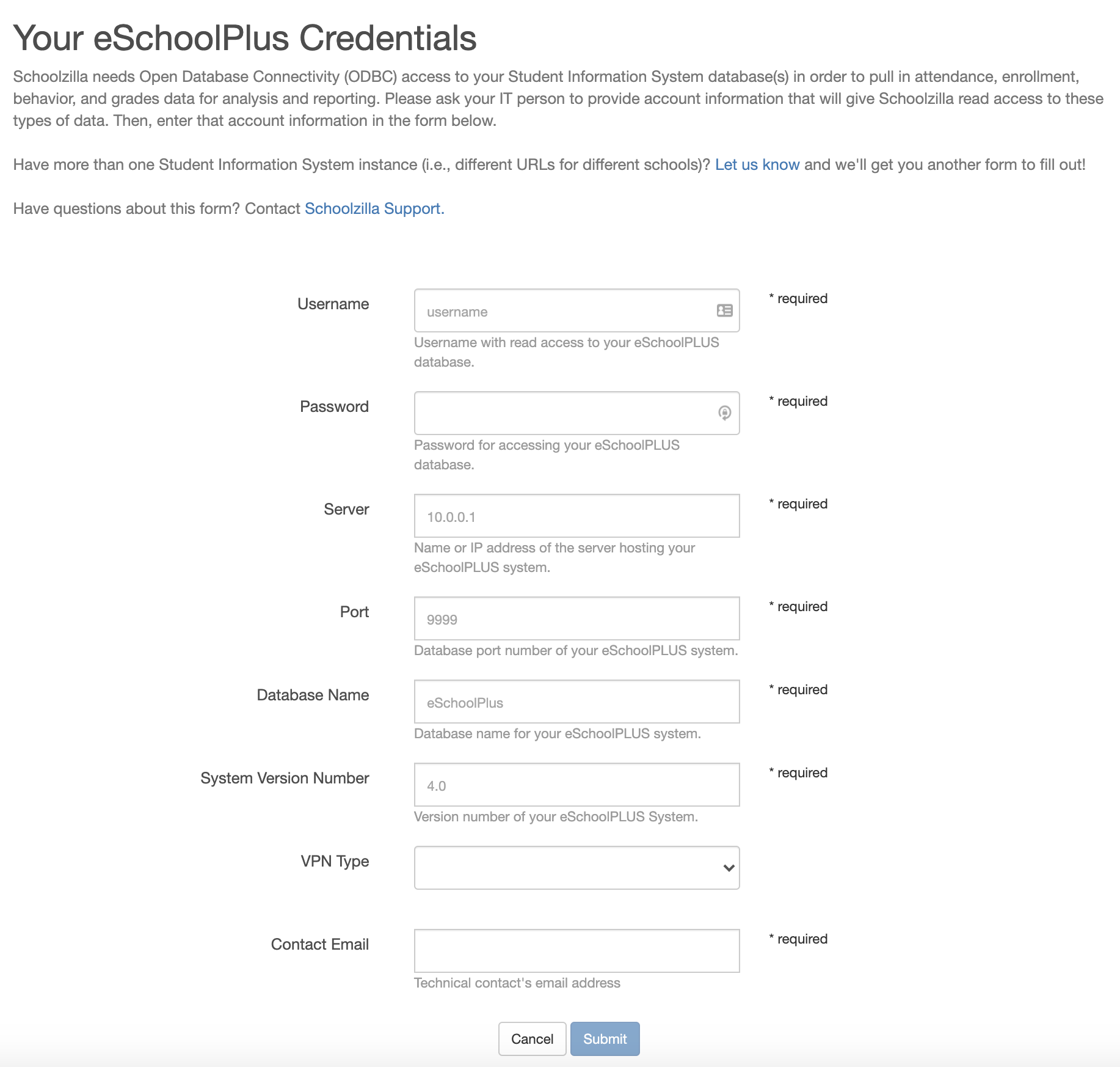 the eSchoolPLUS credentials form