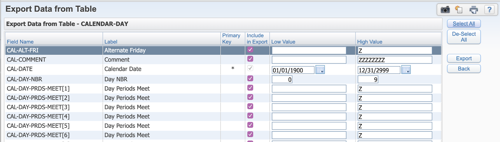 the Export Data from Table fields for Calendar Day