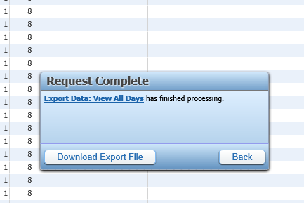 the Request Complete window and the Download Export File button