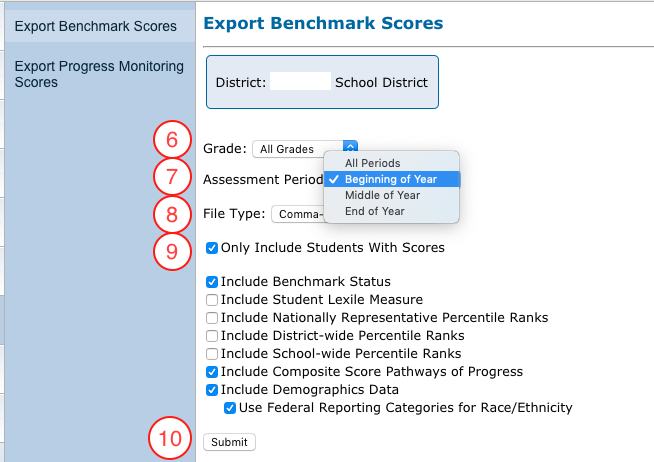 the export options Grade, Assessment Period, and File Type and the specified check boxes checked
