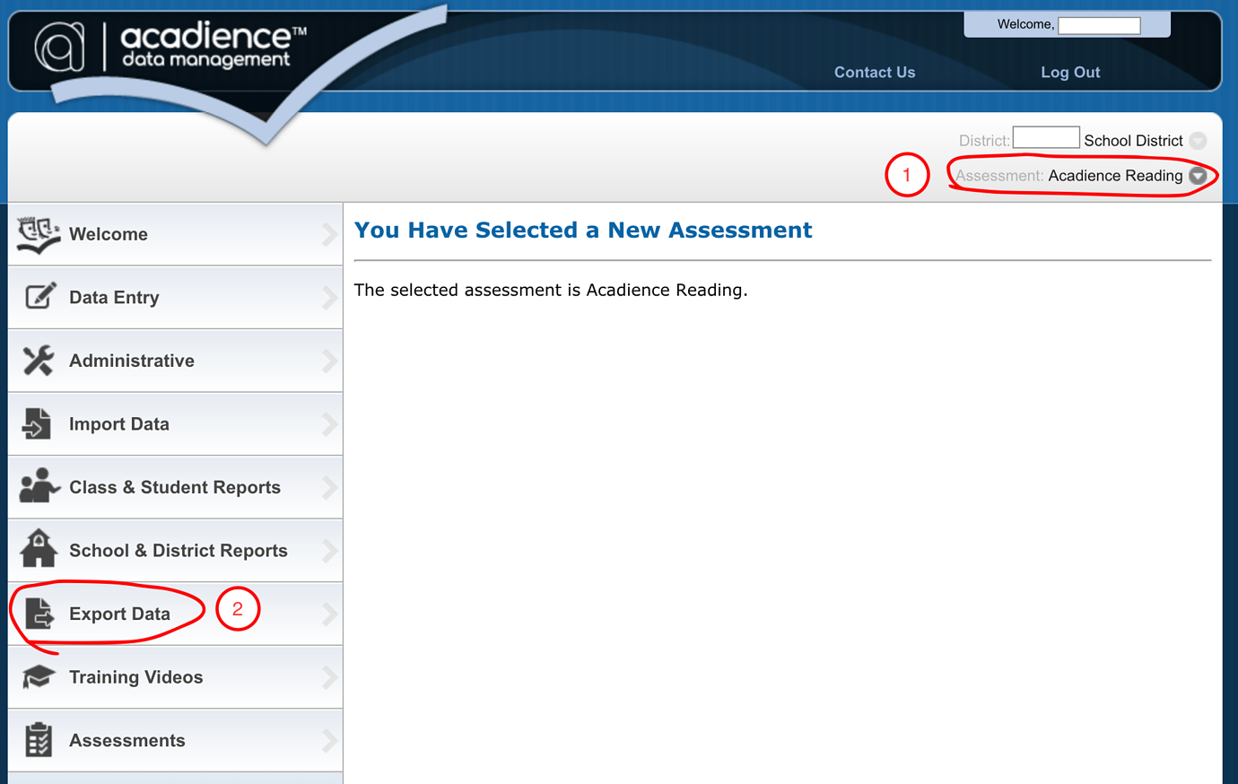 Assessment Acadience Reading selected at the top and Export Data on the left