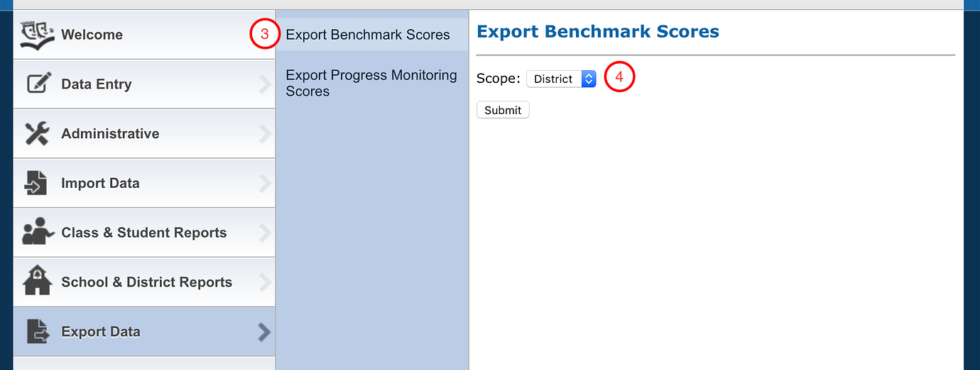the Export Benchmark Scores option and the Scope drop-down list with District selected