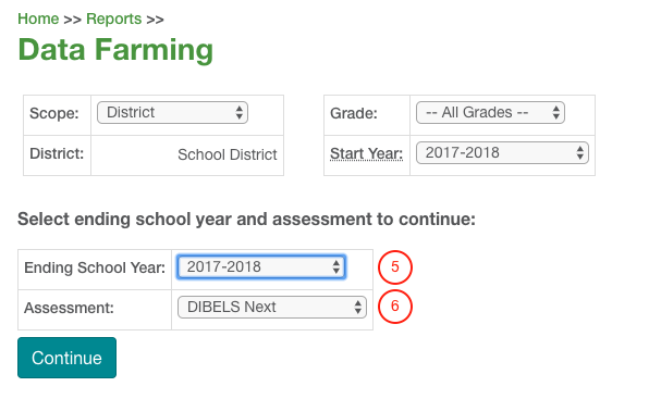 select the ending school year and select DIBELS Next as the assessment, then select Continue