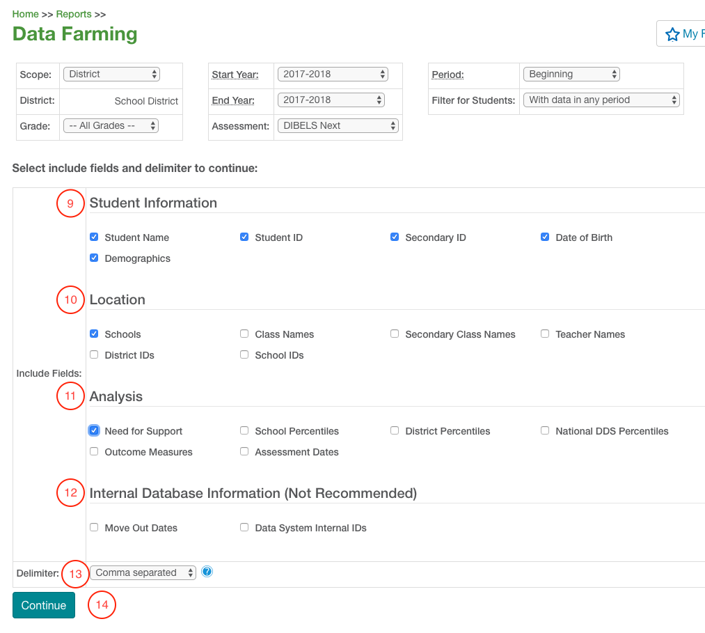 the options for student information, location, analysis, internal database information, and delimiter and the Continue button