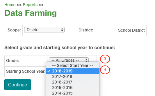 select the Grade and Starting School Year from the drop-down lists, then select Continue
