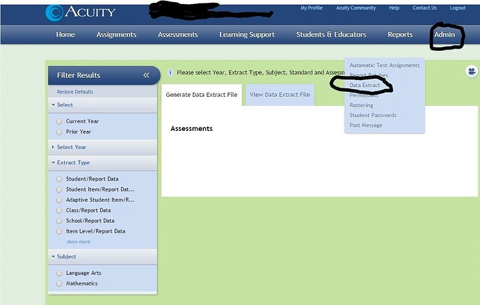 select Admin in the header, then Management, and then Data Extract