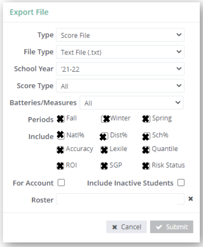 export files options in aimswebPlus