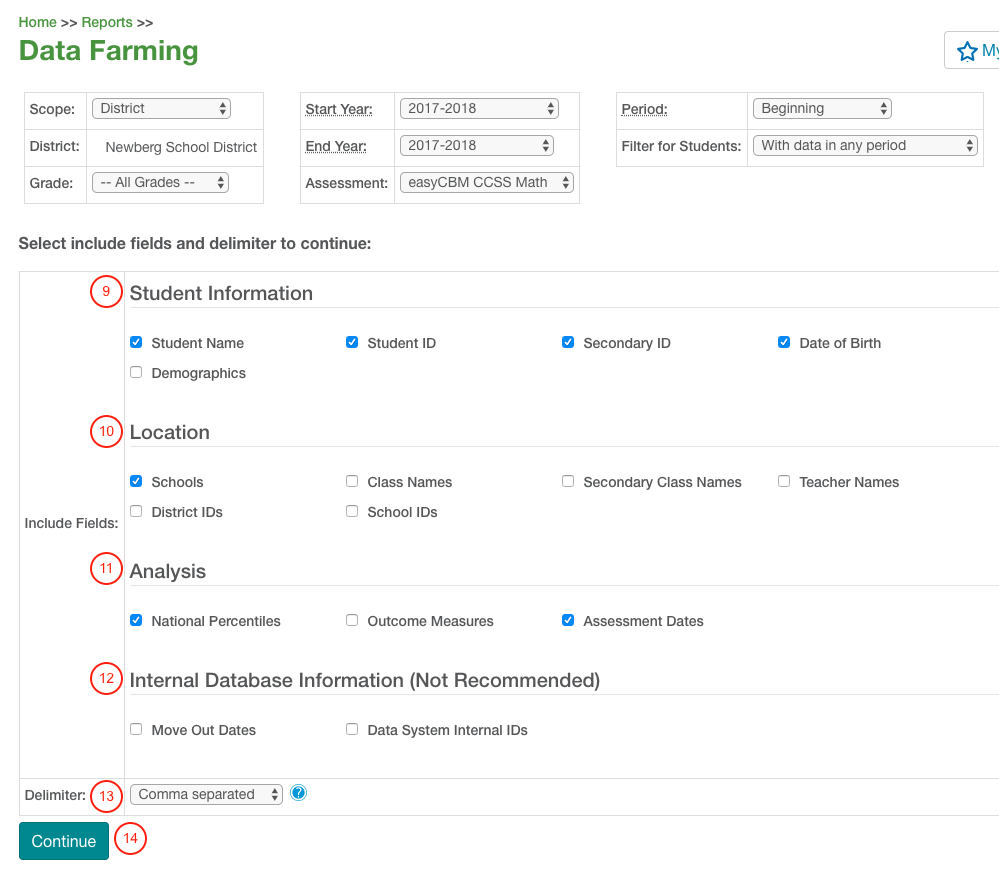 the options for Student Information, Location, Analysis, Internal Database Information, and Delimiter and the Continue button