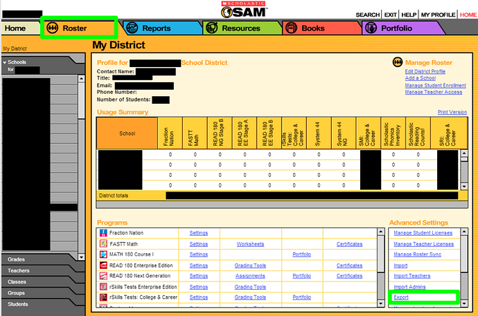 select the Roster tab, then select Export under Advanced Settings