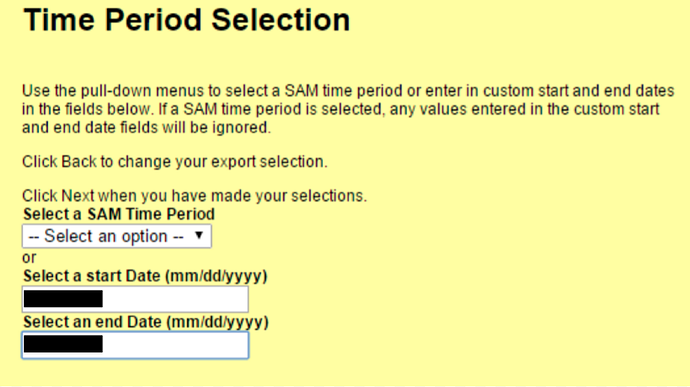 the Time Period Selection page with fields for the start and end date