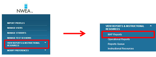select View Reports and Instructional Resources, then MAP Reports