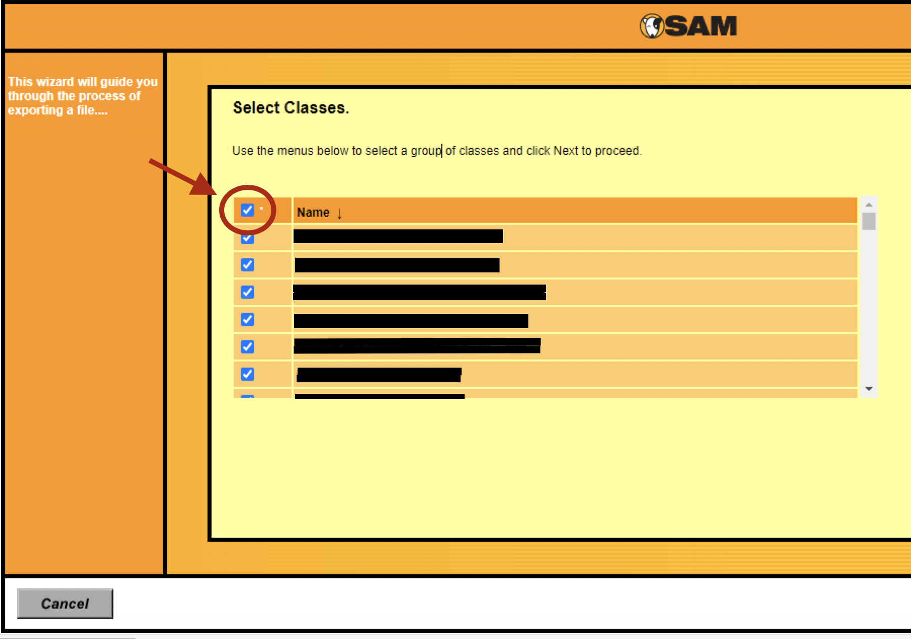 check the box at the top of the list to check all classes