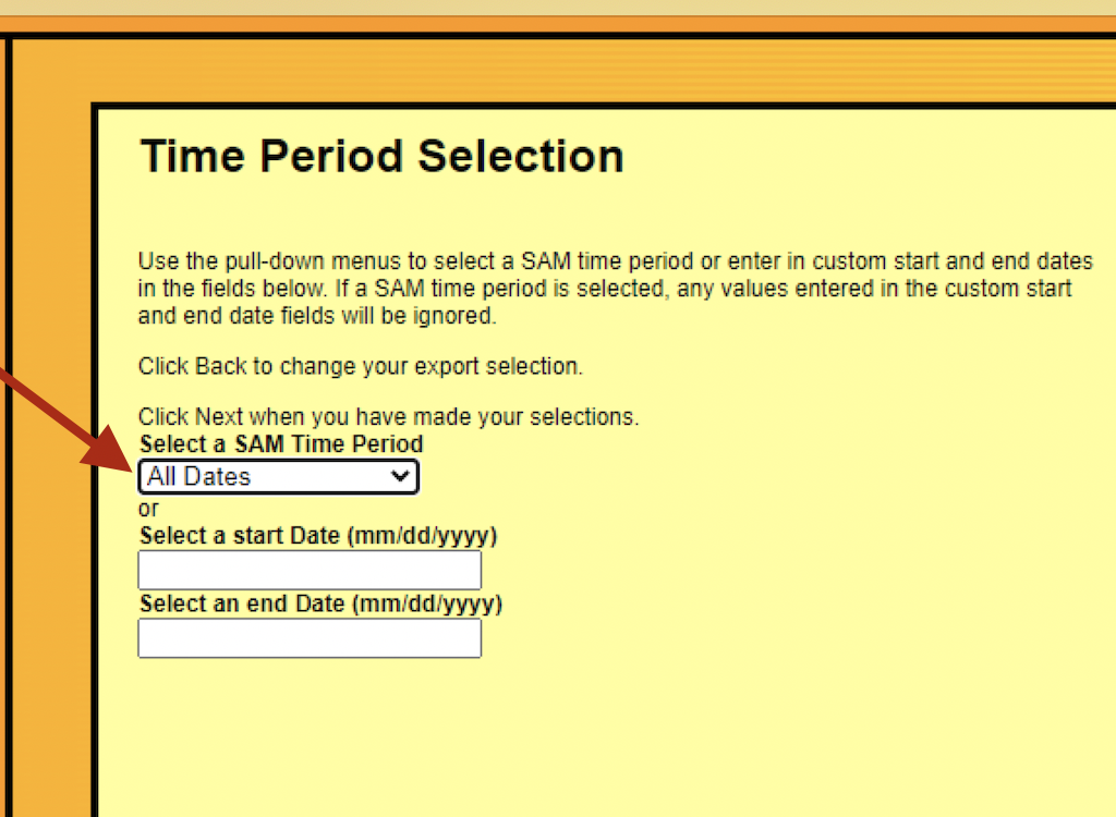 the Select a SAM Time Period drop-down list with All Dates selected