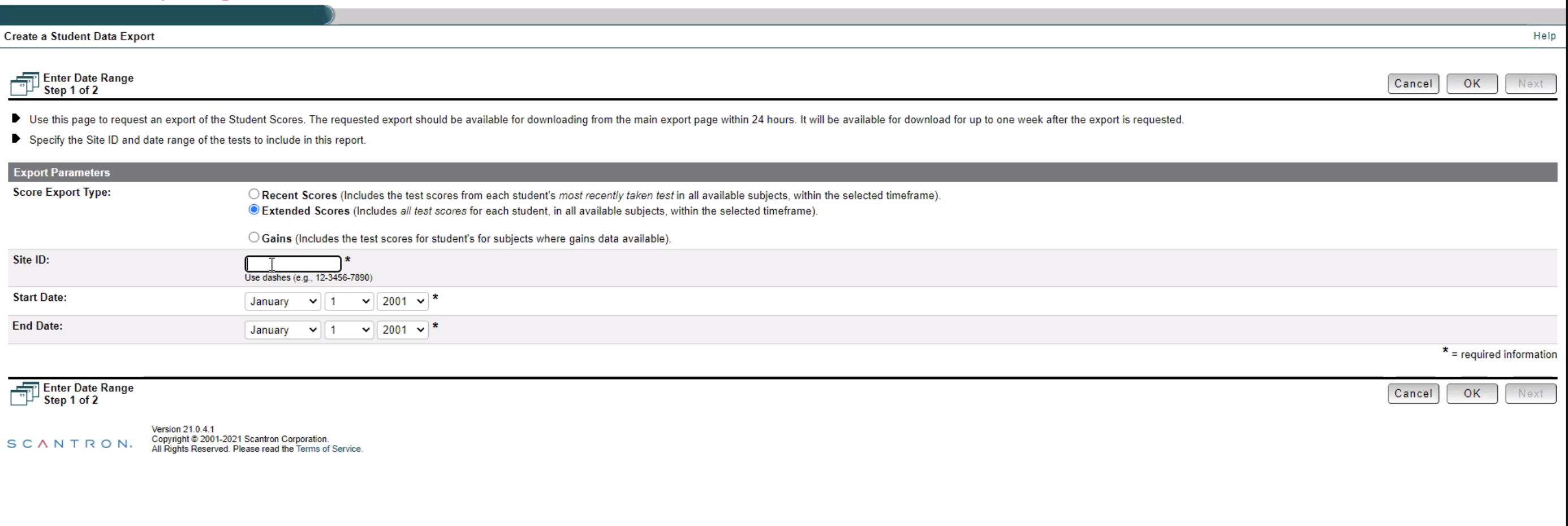 the Create a Student Data Export page on the Scantron site