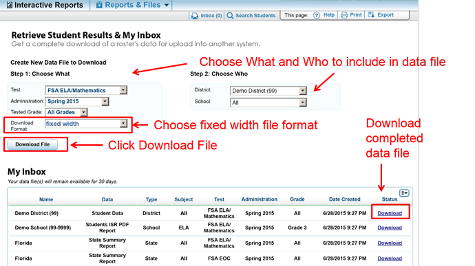 the options - use the Step 1 and Step 2 options to choose what and who to include in the data file, for Download Format choose fixed width, selecct Download File, and then select the Download link to download the completed data file