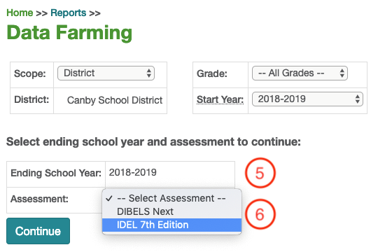 the Ending School Year and Assessment drop-down lists and the IDEL 7th Edition selection