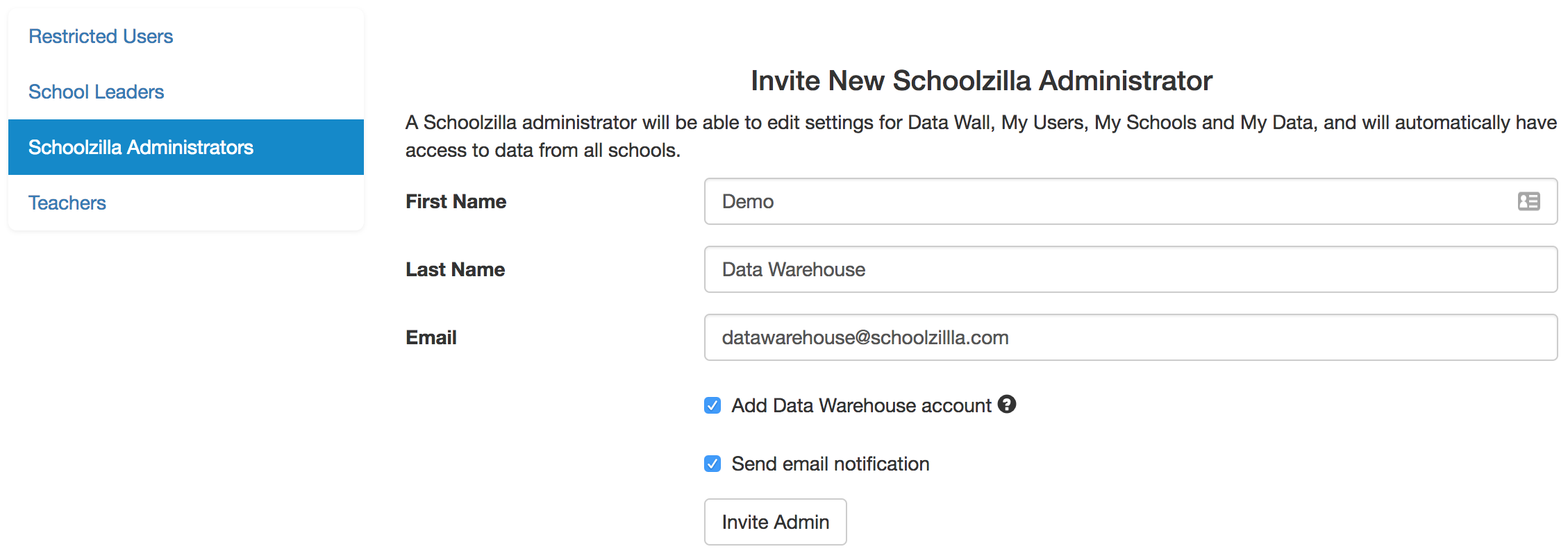 the Invite New Schoolzilla Administrator page