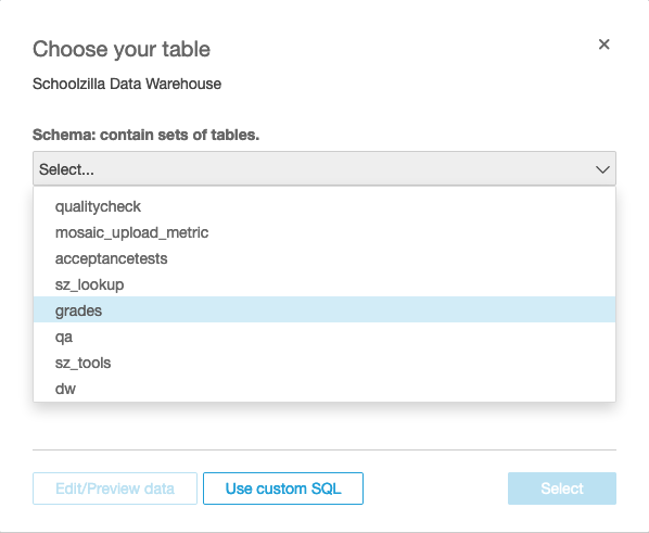 the Choose your table window with grades selected in the list