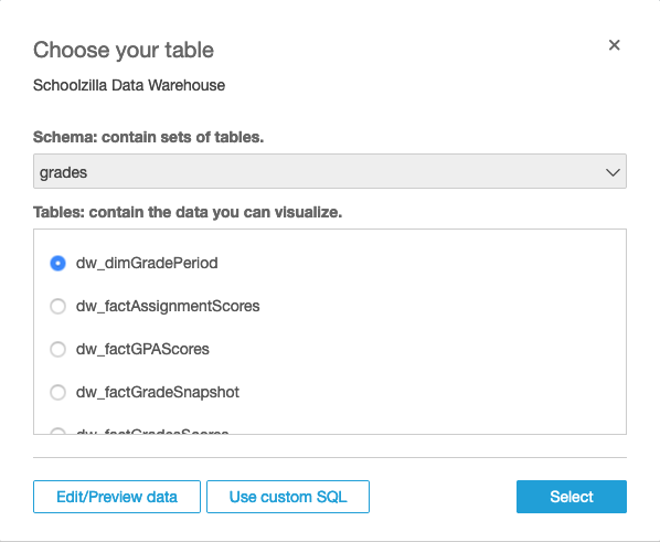 a table selected and the Select button