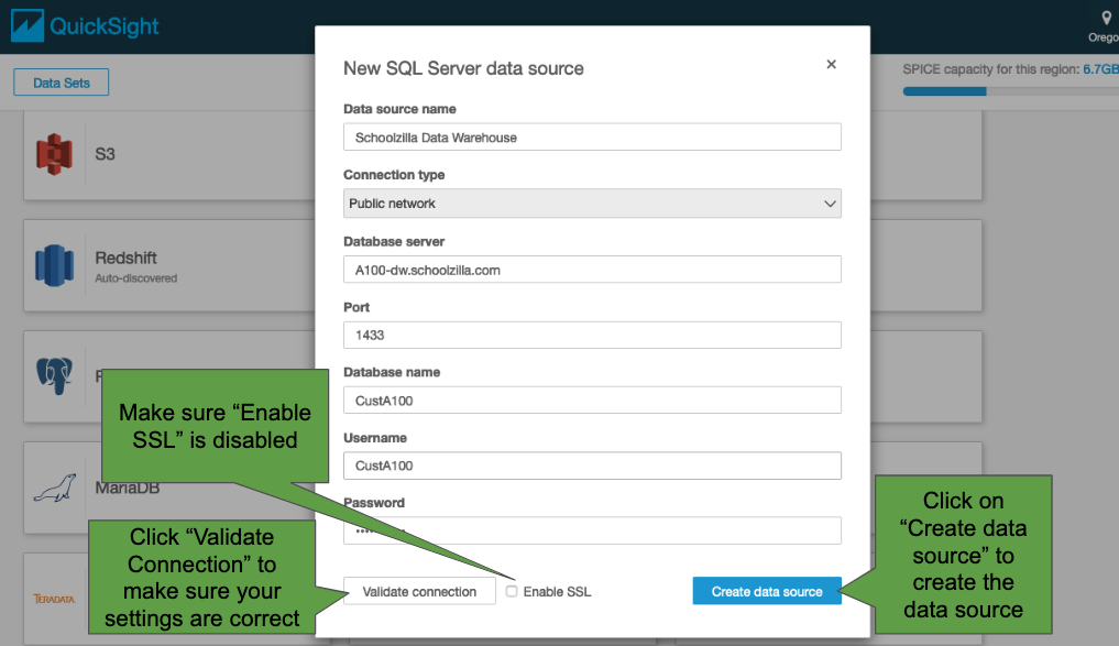 the New SQL Server data source window with the Enable SSL box disabled - select Validate Connection to make sure your settings are correct and select Create data source to create it