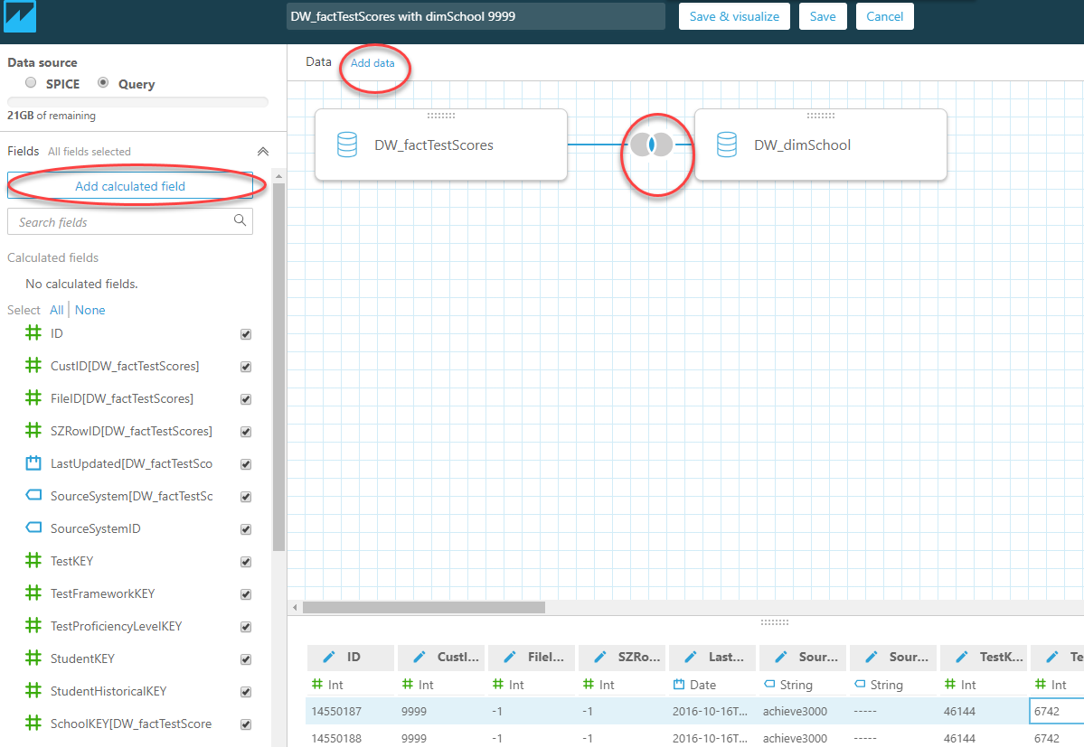 the Add calculated field button and add data options